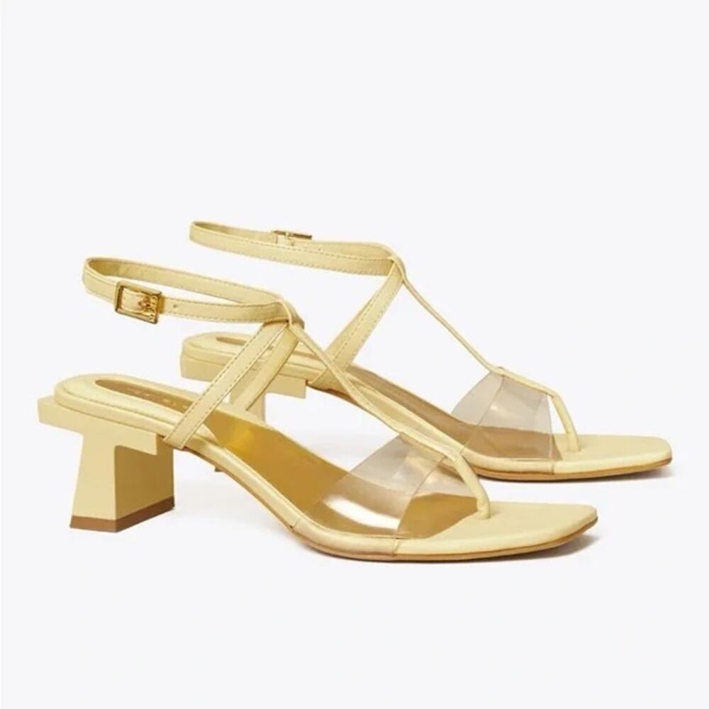 Tory Burch Block T Heel Strappy Sandal Butter Yellow Leather Lucite Clear 10